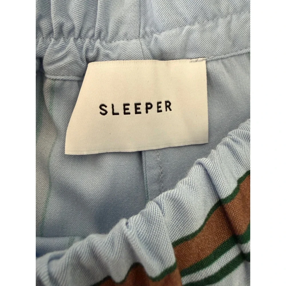 Sleeper Pajama Set Women Small Blue Green Striped Ostrich Feather Trim 2 Piece